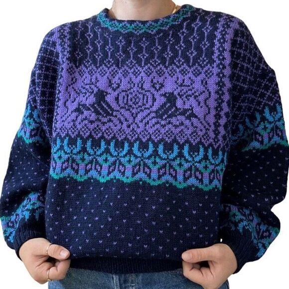 Vintage Hand Knit Reindeer Stag Navy Blue Wool Norwegian Fair Isle Sweater Sz L - Picture 7 of 8